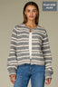 Light Grey Ecru Stripes Long Blouson Sleeve Round Neck Open Front Patch Pockets Stripe Straight Hem Plus Size Sweater Cardigan