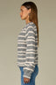 Light Grey Ecru Stripes Long Blouson Sleeve Round Neck Open Front Patch Pockets Stripe Straight Hem Plus Size Sweater Cardigan