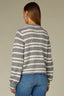 Light Grey Ecru Stripes Long Blouson Sleeve Round Neck Open Front Patch Pockets Stripe Straight Hem Plus Size Sweater Cardigan