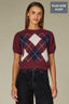 Plum Short Sleeve Round Neck Argyle Jacquard Front Straight Banded Hem Plus Size Sweater Top