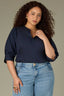 Navy Three Quarter Puff Drop Shoulder Sleeve Mandarin Collar Split V-Placket Mixed Media Plus Size Knit Top