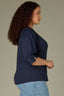 Navy Three Quarter Puff Drop Shoulder Sleeve Mandarin Collar Split V-Placket Mixed Media Plus Size Knit Top