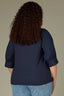 Navy Three Quarter Puff Drop Shoulder Sleeve Mandarin Collar Split V-Placket Mixed Media Plus Size Knit Top