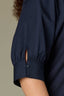 Navy Three Quarter Puff Drop Shoulder Sleeve Mandarin Collar Split V-Placket Mixed Media Plus Size Knit Top