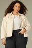 Heathered Birch Denim Long Slit Sleeve Collar Neck Button Down Front Curved Yoke Contrast Seam Back Center Seam Side Entry Pockets Buttoned Curved Hem Plus Size Denim Jacket