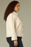 Heathered Birch Denim Long Slit Sleeve Collar Neck Button Down Front Curved Yoke Contrast Seam Back Center Seam Side Entry Pockets Buttoned Curved Hem Plus Size Denim Jacket
