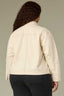 Heathered Birch Denim Long Slit Sleeve Collar Neck Button Down Front Curved Yoke Contrast Seam Back Center Seam Side Entry Pockets Buttoned Curved Hem Plus Size Denim Jacket