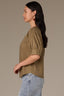 Nori Green Drop Shoulder Cuffed Elbow Sleeve Pleated Straight Back Yoke V-Neck Surplus Hem Plus Size Woven Top