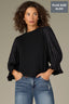 Black Three Quarter Puff Smock Flounce Sleeve Round Neck Hook Closure Front Textured Mixed Media Plus Size Knit Top