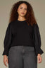 Black Three Quarter Puff Smock Flounce Sleeve Round Neck Hook Closure Front Textured Mixed Media Plus Size Knit Top