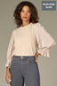 Ecru Three Quarter Puff Smock Flounce Sleeve Round Neck Hook Closure Front Textured Mixed Media Plus Size Knit Top