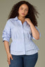 Oxford Blue Off White Below Elbow Pleated Button Cuff Sleeve Collar Neck Button Down Double Peplum Hem Stripe Print Plus Size Woven Top