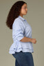 Oxford Blue Off White Below Elbow Pleated Button Cuff Sleeve Collar Neck Button Down Double Peplum Hem Stripe Print Plus Size Woven Top
