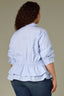 Oxford Blue Off White Below Elbow Pleated Button Cuff Sleeve Collar Neck Button Down Double Peplum Hem Stripe Print Plus Size Woven Top