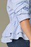 Oxford Blue Off White Below Elbow Pleated Button Cuff Sleeve Collar Neck Button Down Double Peplum Hem Stripe Print Plus Size Woven Top
