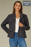 Steel Grey Sky Blue Plaid Long Buttoned Sleeve Triple Button Front Lapel Collar Oversized Flap Pockets Back Center Seam Back Slit Plaid Print Plus Size Woven Military Jacket
