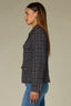 Steel Grey Sky Blue Plaid Long Buttoned Sleeve Triple Button Front Lapel Collar Oversized Flap Pockets Back Center Seam Back Slit Plaid Print Plus Size Woven Military Jacket
