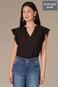 Black Cap Flutter Sleeve Crochet Trim Ruffle Edge Split V-Neck Plus Size Woven Top