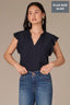 Navy Flutter Sleeve Crochet Trim Ruffle Edge Split V-Neck Woven Plus Size Top
