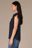 Navy Flutter Sleeve Crochet Trim Ruffle Edge Split V-Neck Woven Plus Size Top