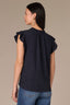 Navy Flutter Sleeve Crochet Trim Ruffle Edge Split V-Neck Woven Plus Size Top