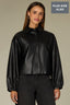 Black Drop Shoulder Blouson Sleeve Collar Neck Button Front Textured Back Center Seam Straight Hem Faux Leather Plus Size Jacket