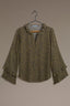 Olive Tapenade Navy Animal Long Romantic Double Ruffle Flutter Sleeve Split V-Neck Button Keyhole Front Center Seam Placket Round Hem Petite Woven Top