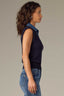 Navy Blue Combo Sleeveless V-Placket Collar Straight Banded Hem Mixed Media Design Sweater Vest Top