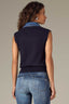 Navy Blue Combo Sleeveless V-Placket Collar Straight Banded Hem Mixed Media Design Sweater Vest Top