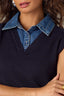 Navy Blue Combo Sleeveless V-Placket Collar Straight Banded Hem Mixed Media Design Sweater Vest Top